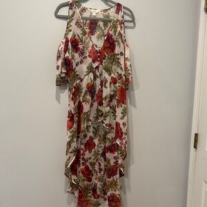 Sun & Shadow Cream  with Red Floral Print high low duster , sheer